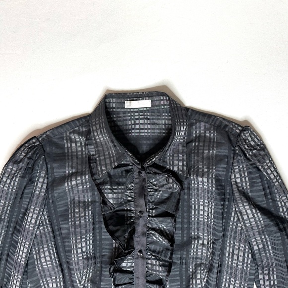 Badgley Mischka Black and Gray Plaid Ruffled Contoured Blouse w/Bell Sleeves SzM - Picture 6 of 7